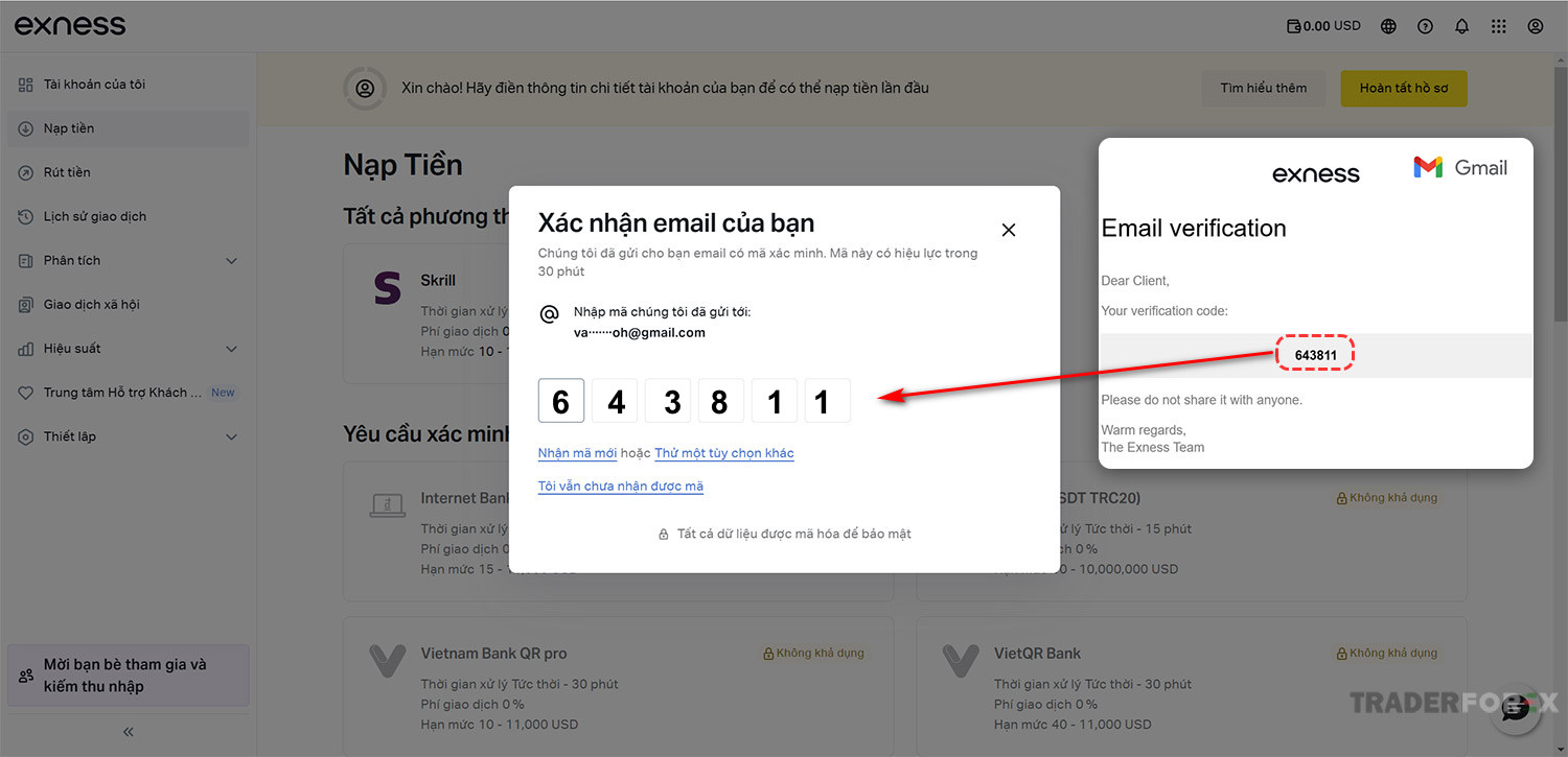 Điền mã xác minh từ email vào ô trống