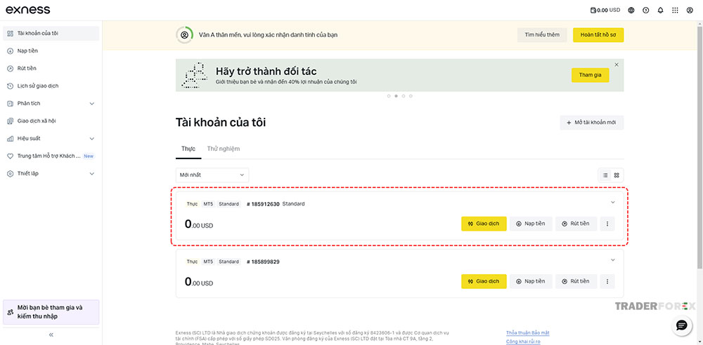 Tài khoản vừa tạo được hiển thị trên trang Tài khoản của tôi